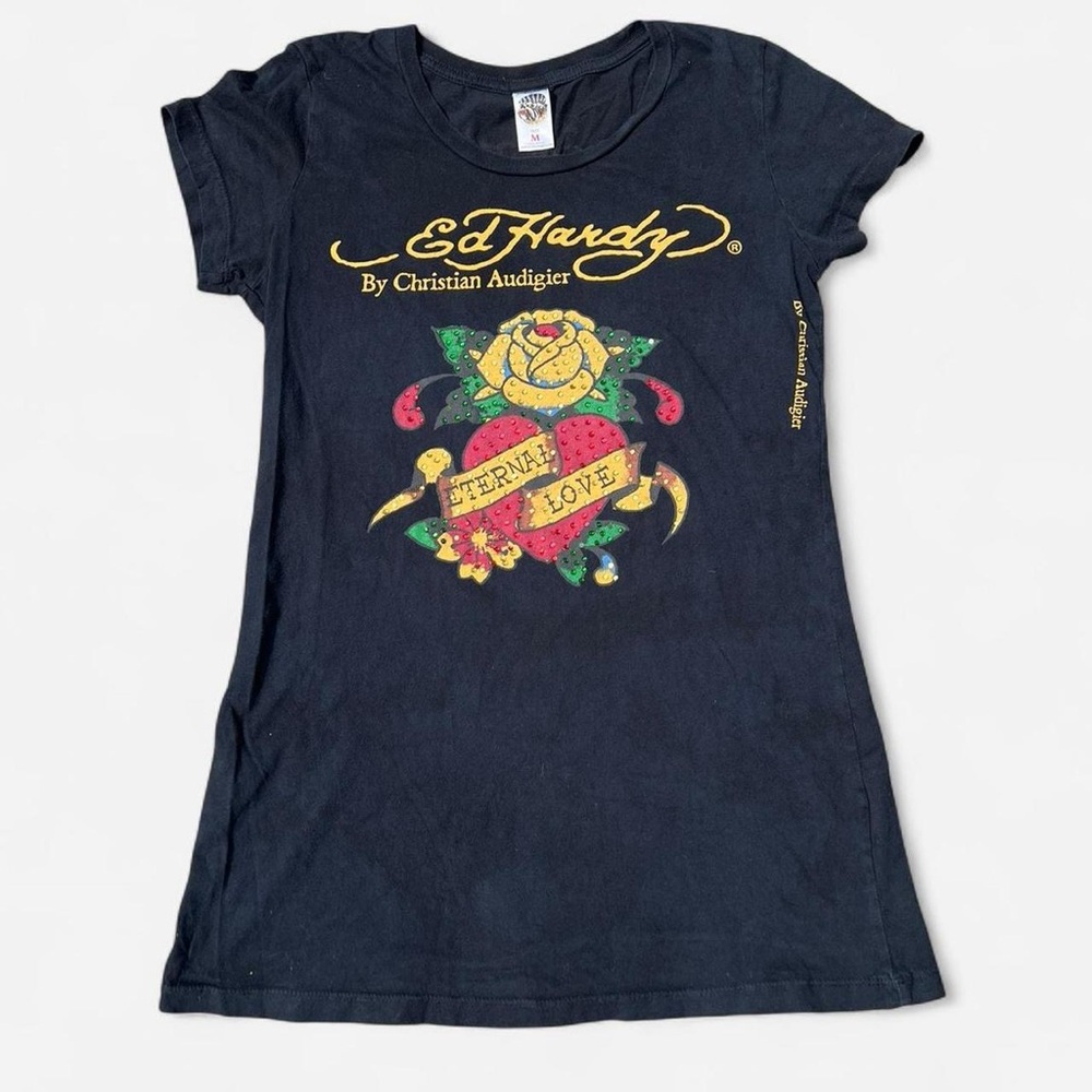 Y2K Ed Hardy Bejeweled Rose Heart Eternal Love Shirt